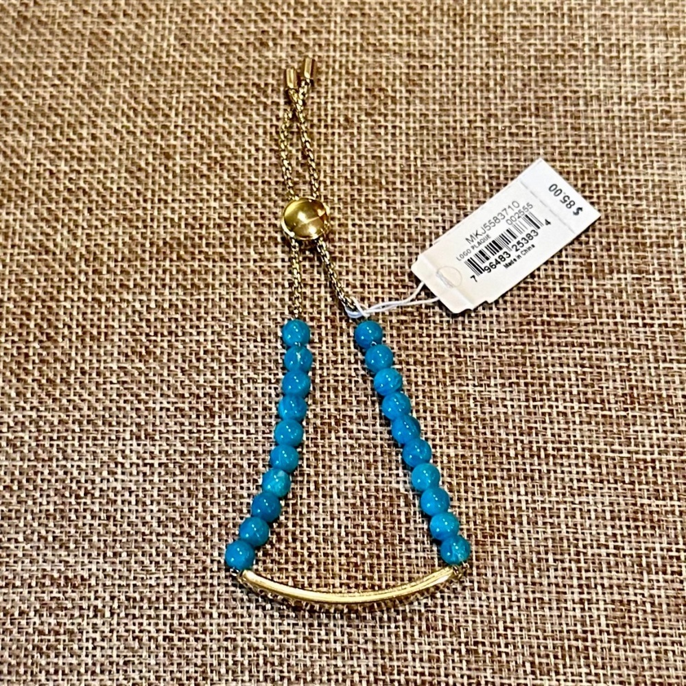 Michael Kors Logo Plaque & Blue Bead Bracelet